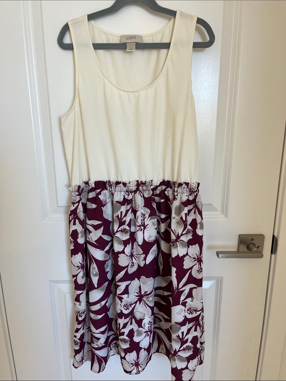 LOFT Cream Tank Dress with Burgundy Floral Skirt